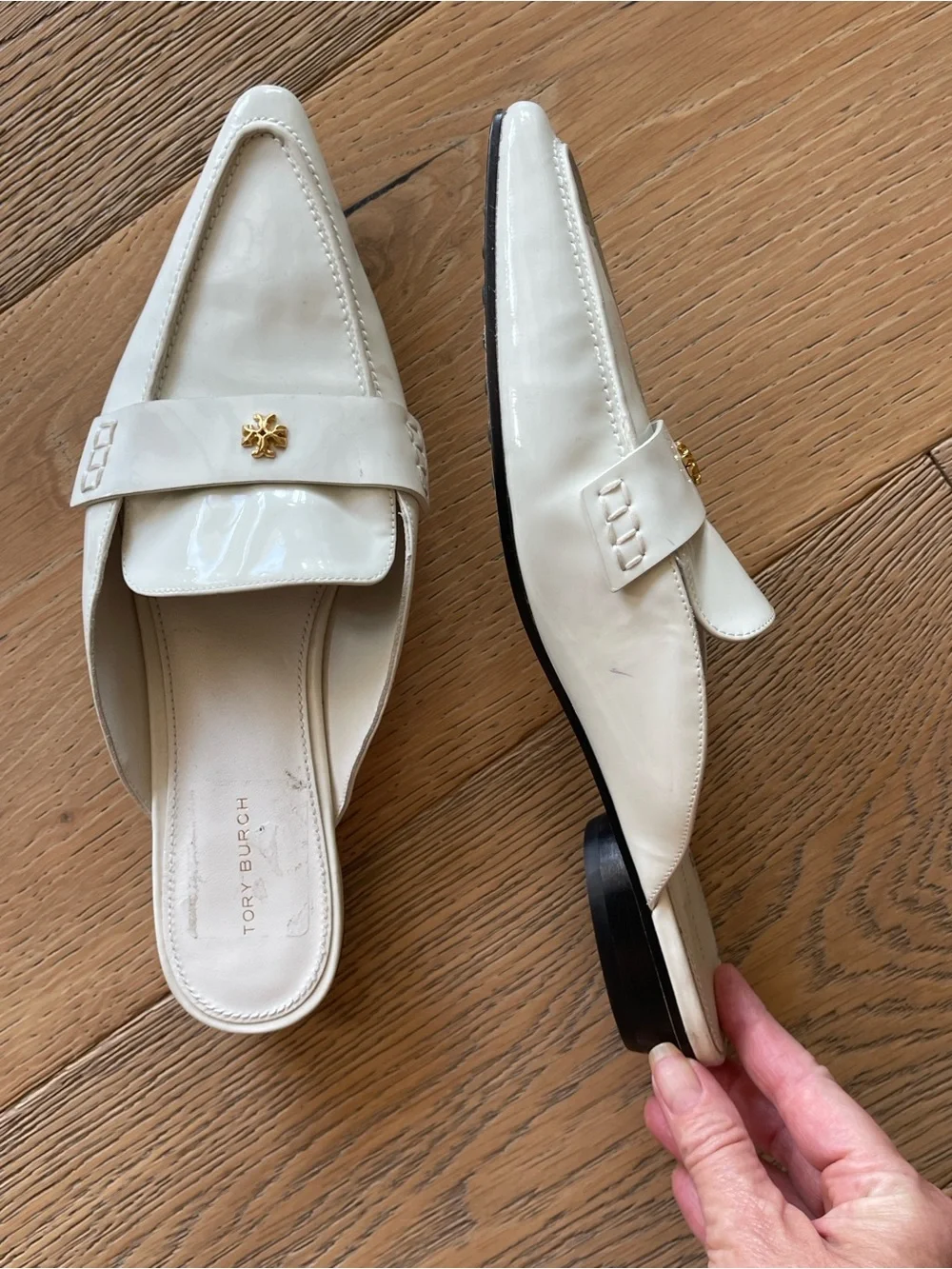 Tory Burch Cream Patent Leather Pointed Mule with Gold Logo